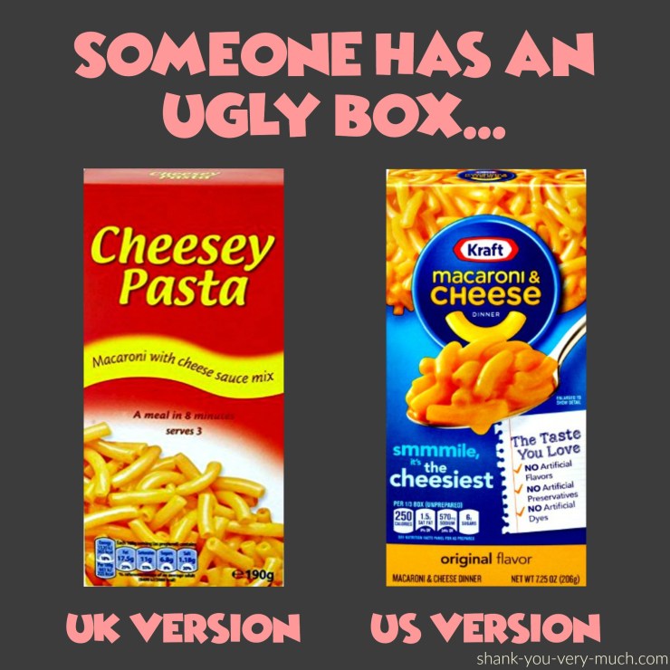 A photo showing the UK Kraft box of macaroni and cheese versus the US box.