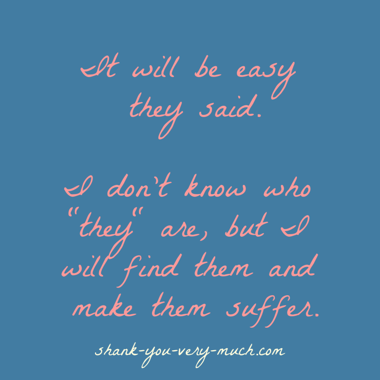 A text box that says 'It will be easy they said. I don't know who "they" are, but I will find them and make them suffer.'