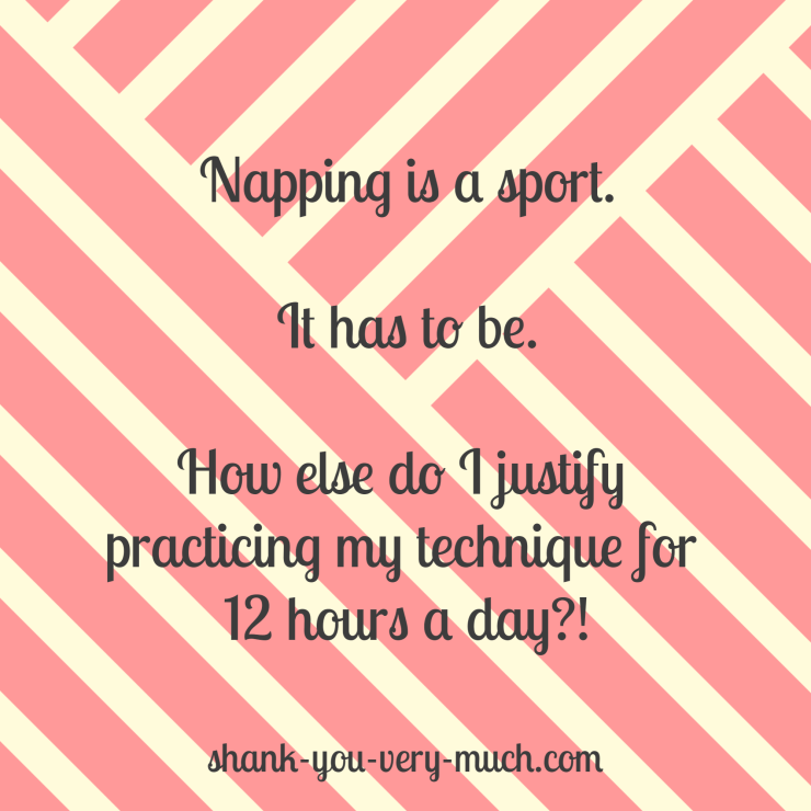 Napping is a sport. It has to be. How else do I justify practicing my technique for 12 hours a day?!