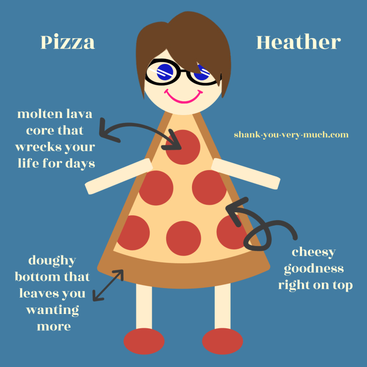 A cartoon rendering of me, but with a body made of a slice of pizza.