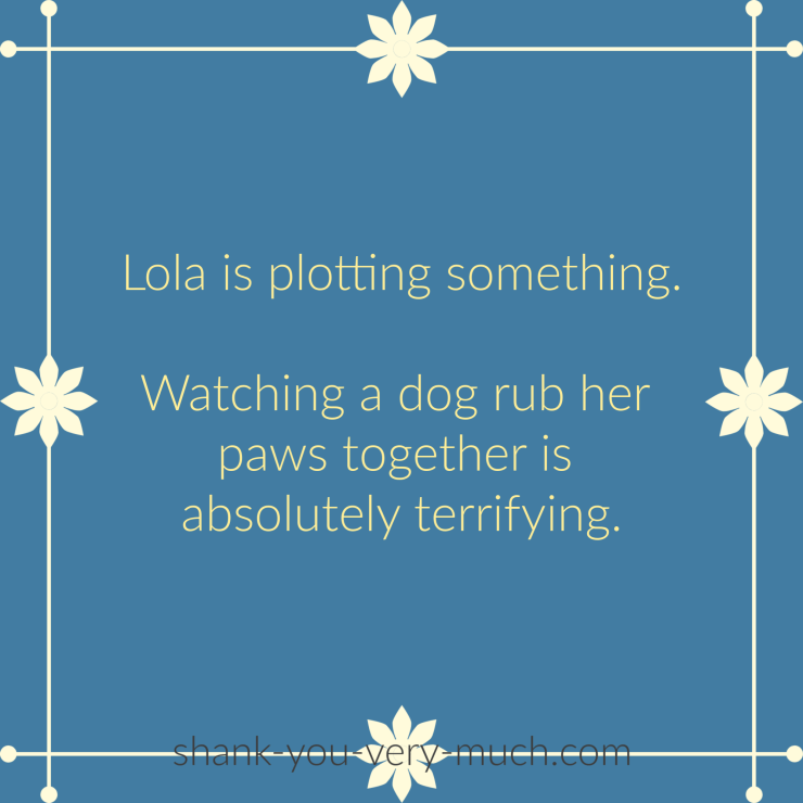 Lola is plotting something. Watching a dog rub her paws together is absolutely terrifying.