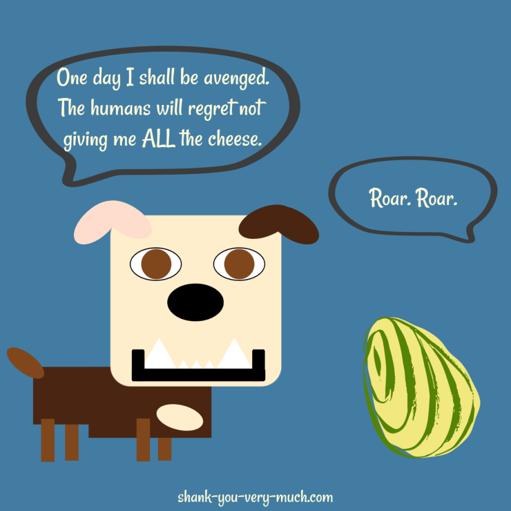 A cartoon showing Lola the English bulldog talking to a dinosaur egg. Lola says 