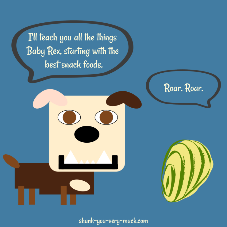 A cartoon showing Lola the English bulldog talking to a dinosaur egg. Lola says 