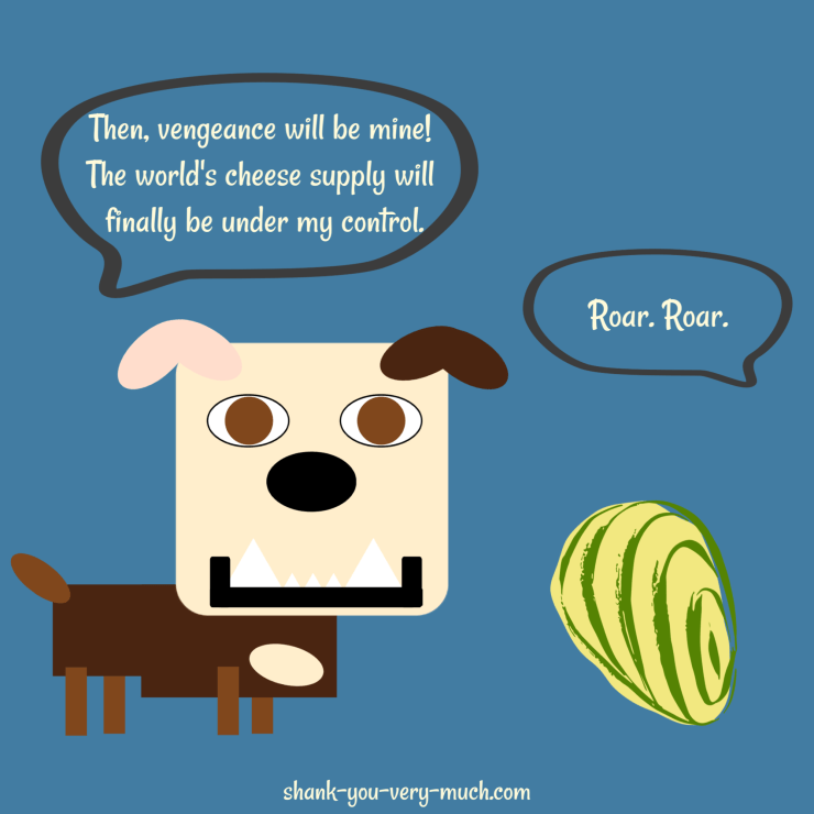 A cartoon showing Lola the English bulldog talking to a dinosaur egg. Lola says 