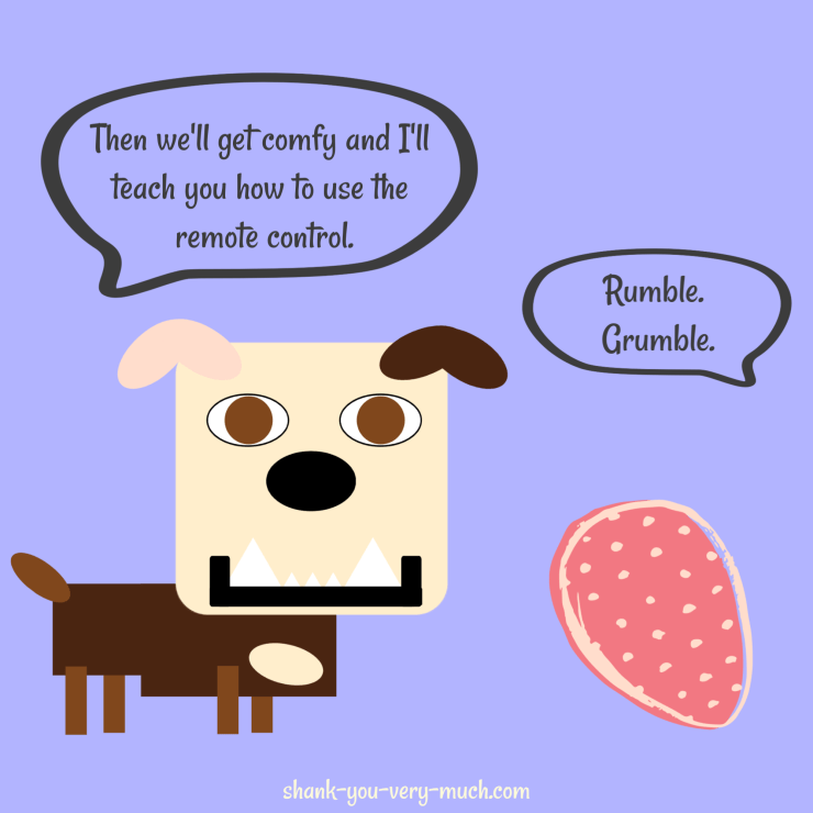 A cartoon showing Lola the English bulldog talking to a dinosaur egg. Lola says 