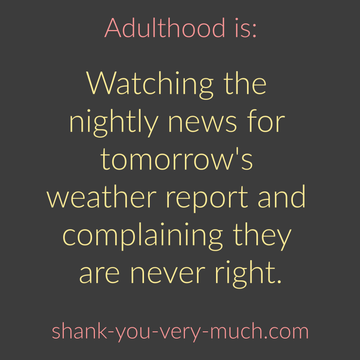 Adulthood Is - Watching the nightly news for tomorrow's weather report and complaining they are never right.