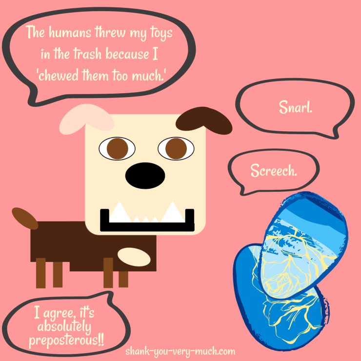 A cartoon showing Lola the English bulldog talking to a pair of dinosaur eggs. Lola says