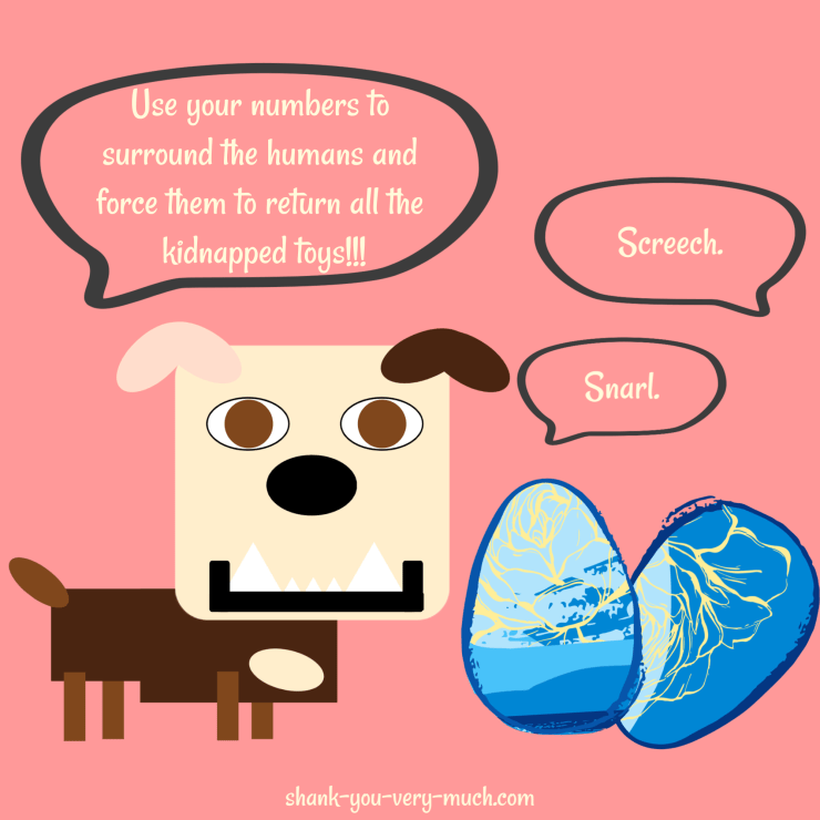 A cartoon showing Lola the English bulldog talking to a pair of dinosaur eggs. Lola says