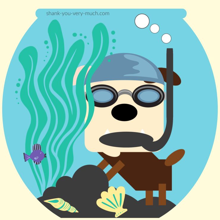 A cartoon rendering of Lola the English bulldog in a fishbowl. She's wearing a swimming cap, goggles, and a snorkel while hiding behind some seaweed. A fish stares at her.