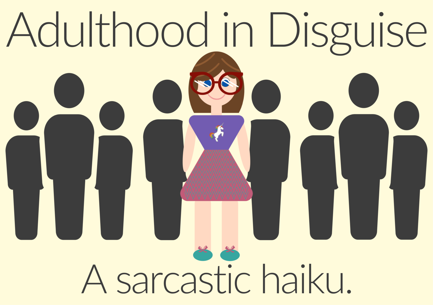 A cartoon rendering of Heather, dressed in colorful childlike clothes, surrounded by plain adults who all look identical.