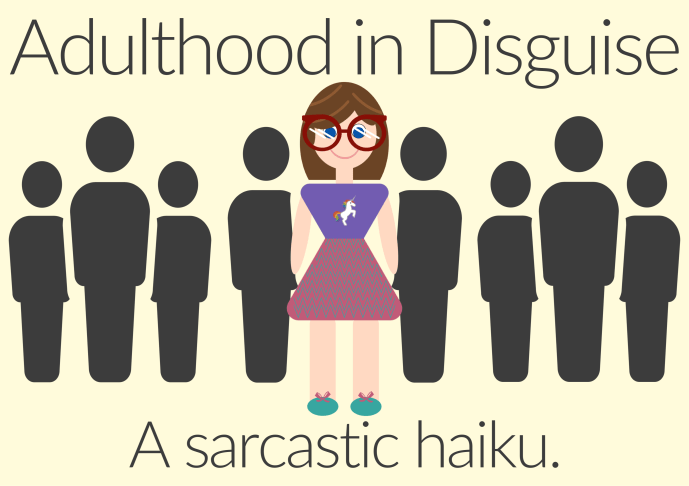 A cartoon rendering of Heather, dressed in colorful childlike clothes, surrounded by plain adults who all look identical.