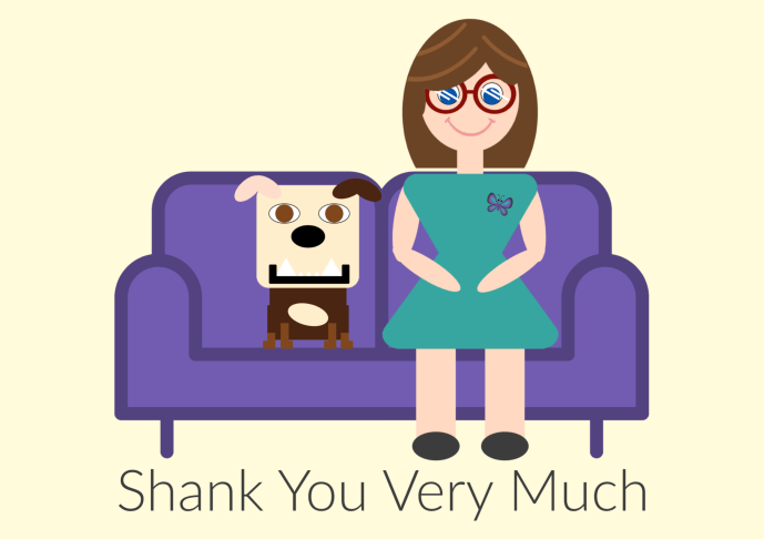 A cartoon rendering of Heather and Lola sitting on a purple couch.